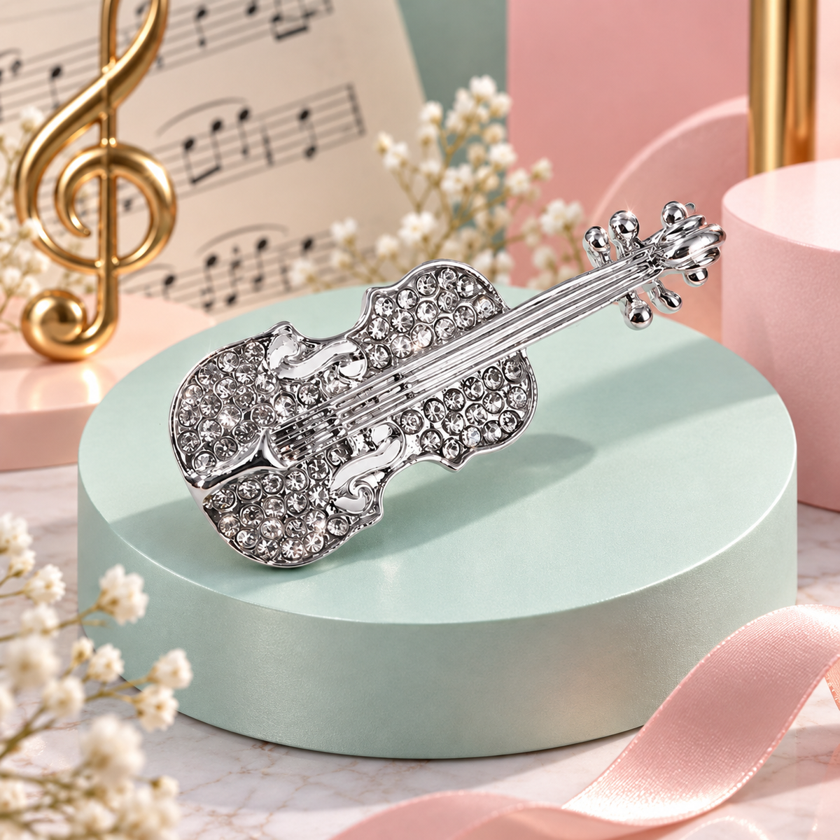 Silver Rhinestone Violin Enamel Pin
