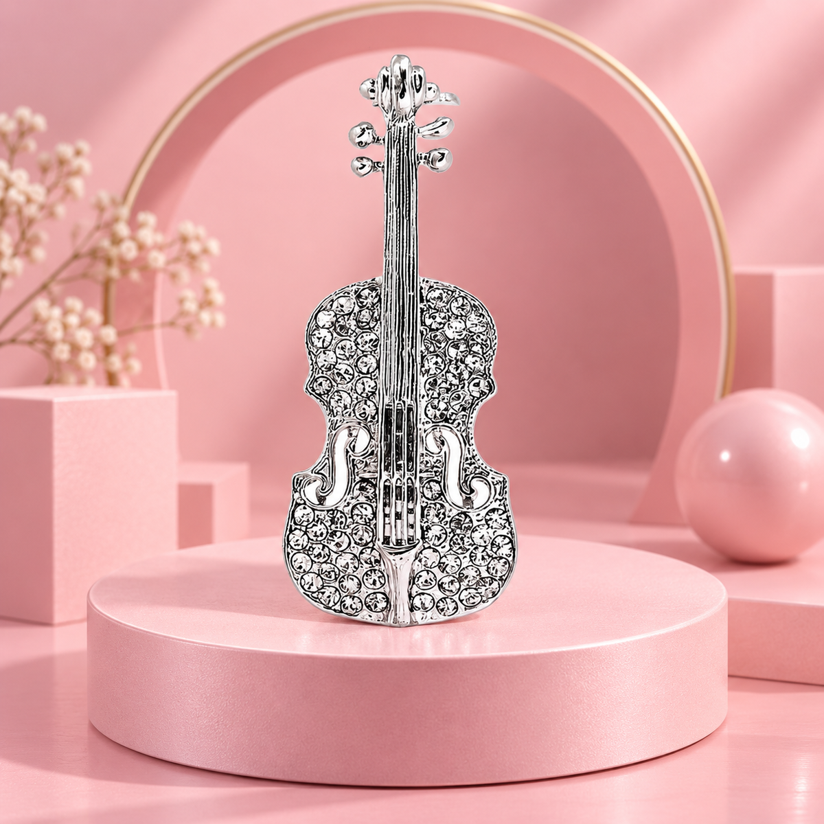 Silver Rhinestone Violin Enamel Pin