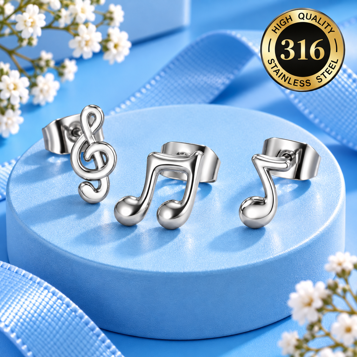 Mini Music Notes Hypoallergenic Silver Stud Earrings (3 Set)