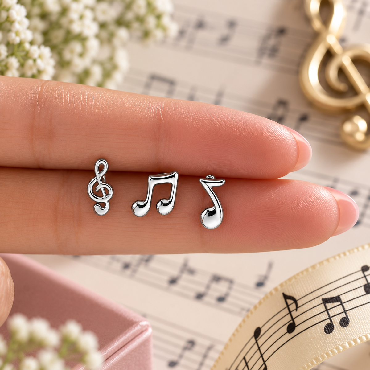 Mini Music Notes Hypoallergenic Gold Stud Earrings (3 Set)