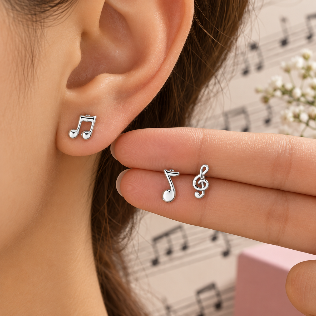 Mini Music Notes Hypoallergenic Silver Stud Earrings (3 Set)