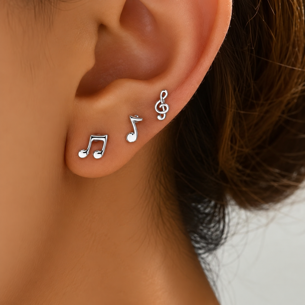 Mini Music Notes Hypoallergenic Silver Stud Earrings (3 Set)
