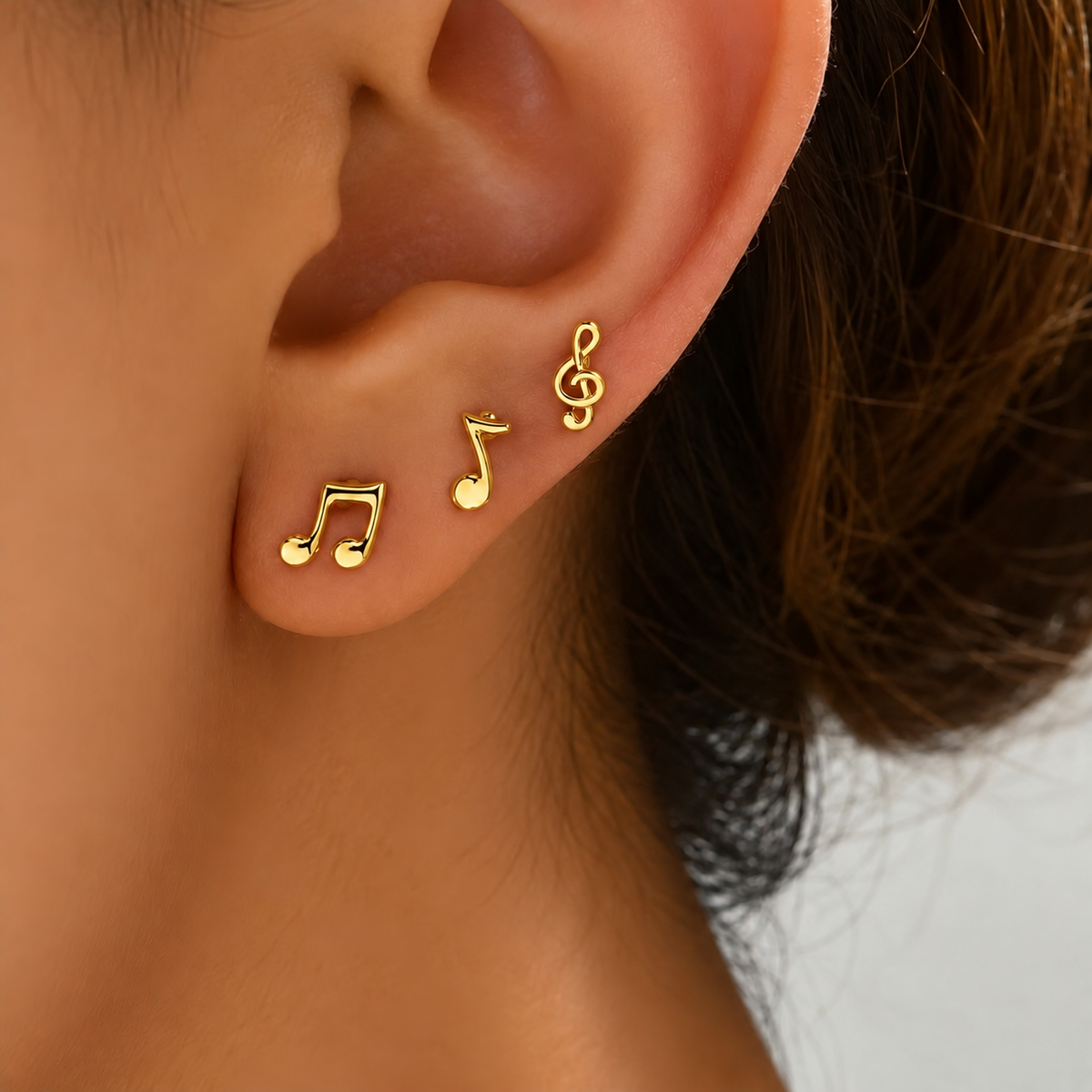 Mini Music Notes Hypoallergenic Gold Stud Earrings (3 Set)