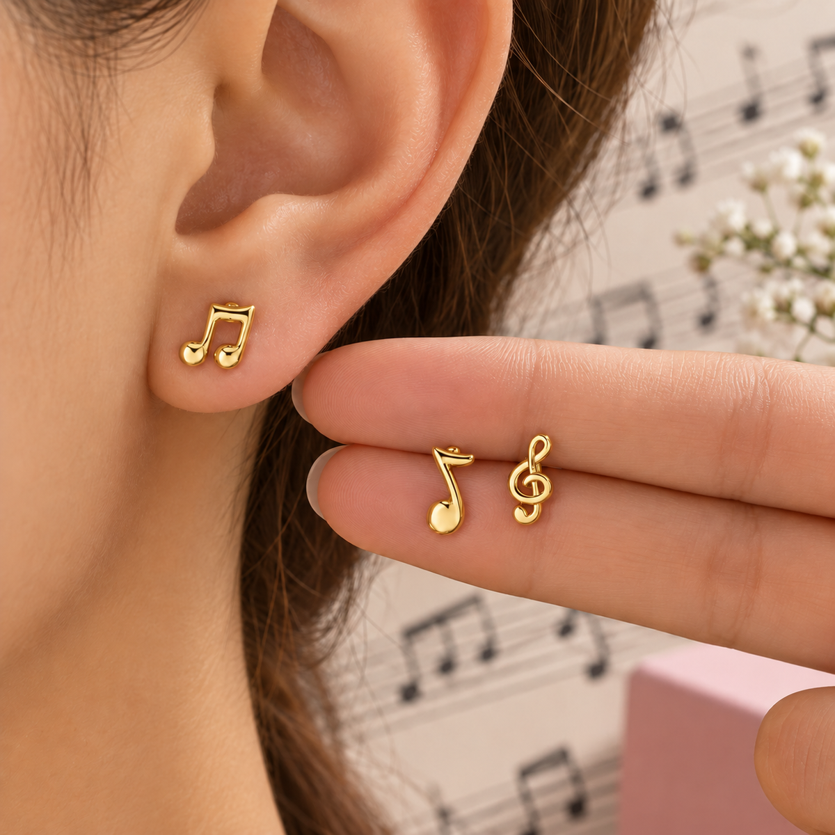 Mini Music Notes Hypoallergenic Gold Stud Earrings (3 Set)