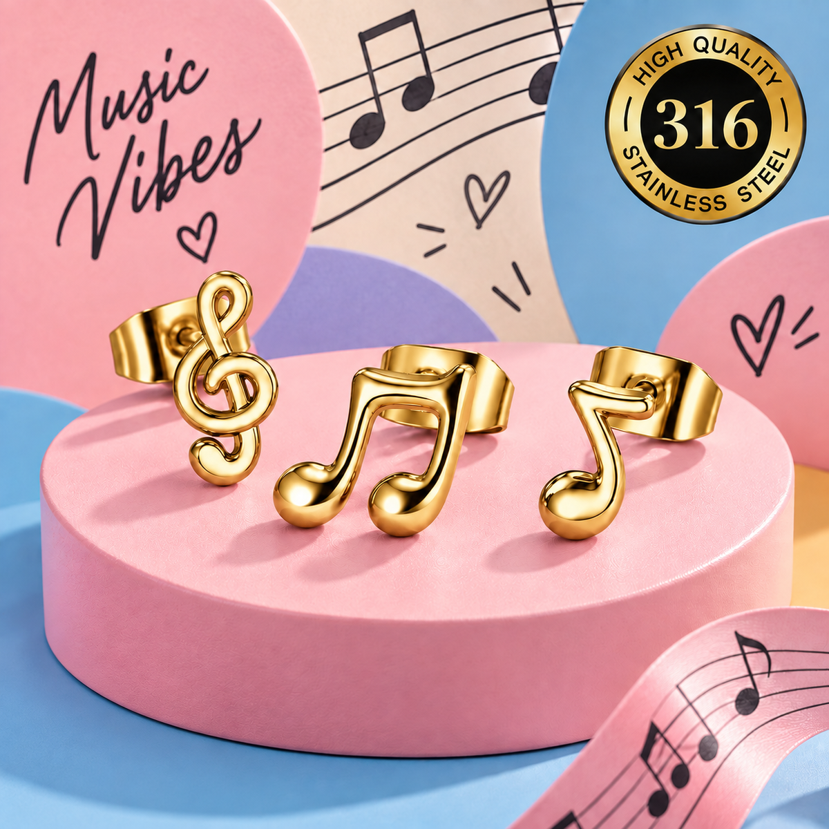 Mini Music Notes Hypoallergenic Gold Stud Earrings (3 Set)