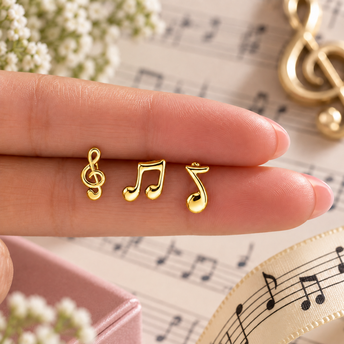 Mini Music Notes Hypoallergenic Gold Stud Earrings (3 Set)