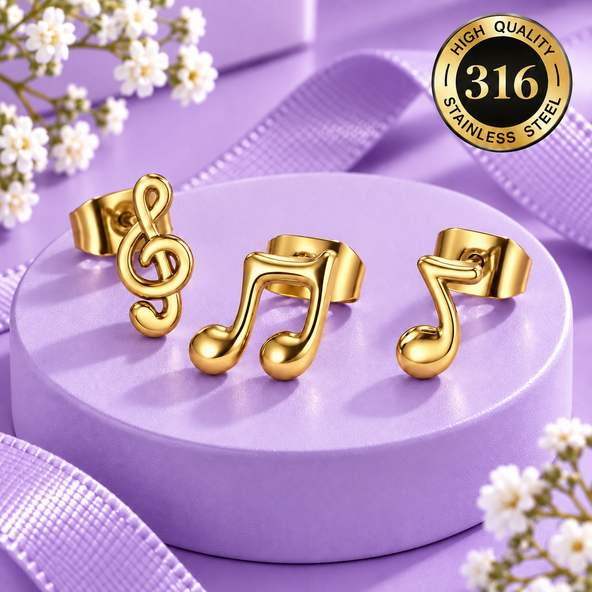 Mini Music Notes Hypoallergenic Gold Stud Earrings (3 Set)