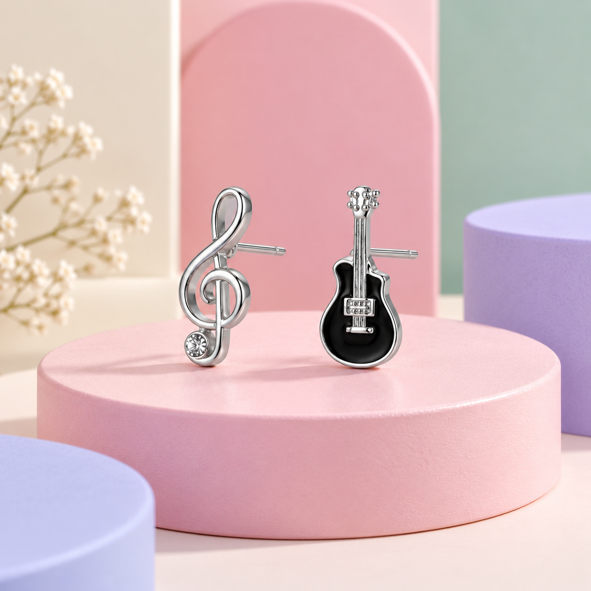 Mini Black Guitar and Treble Clef Rhinestone Earring Set (Silver)