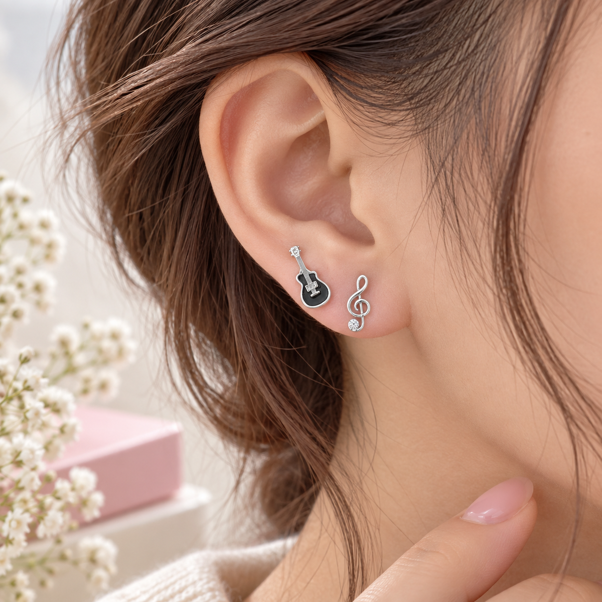 Mini Black Guitar and Treble Clef Rhinestone Earring Set (Silver)