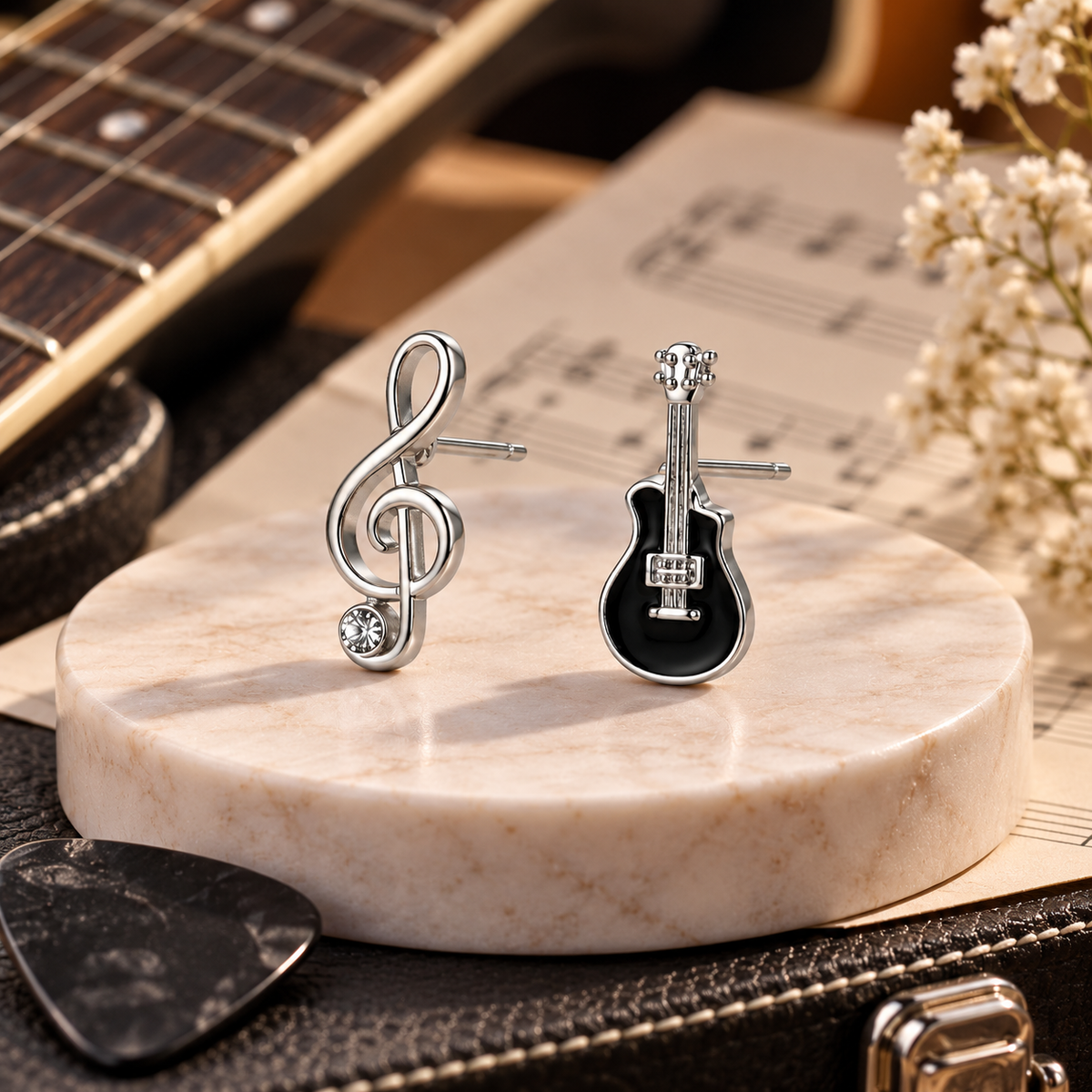 Mini Orange Guitar and Treble Clef Rhinestone Earring Set (Silver)
