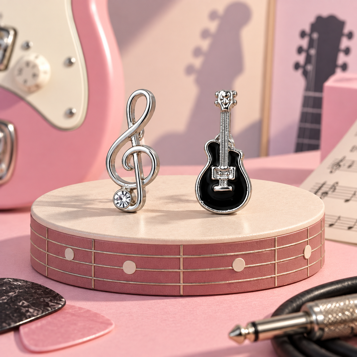 Mini Black Guitar and Treble Clef Rhinestone Earring Set (Silver)