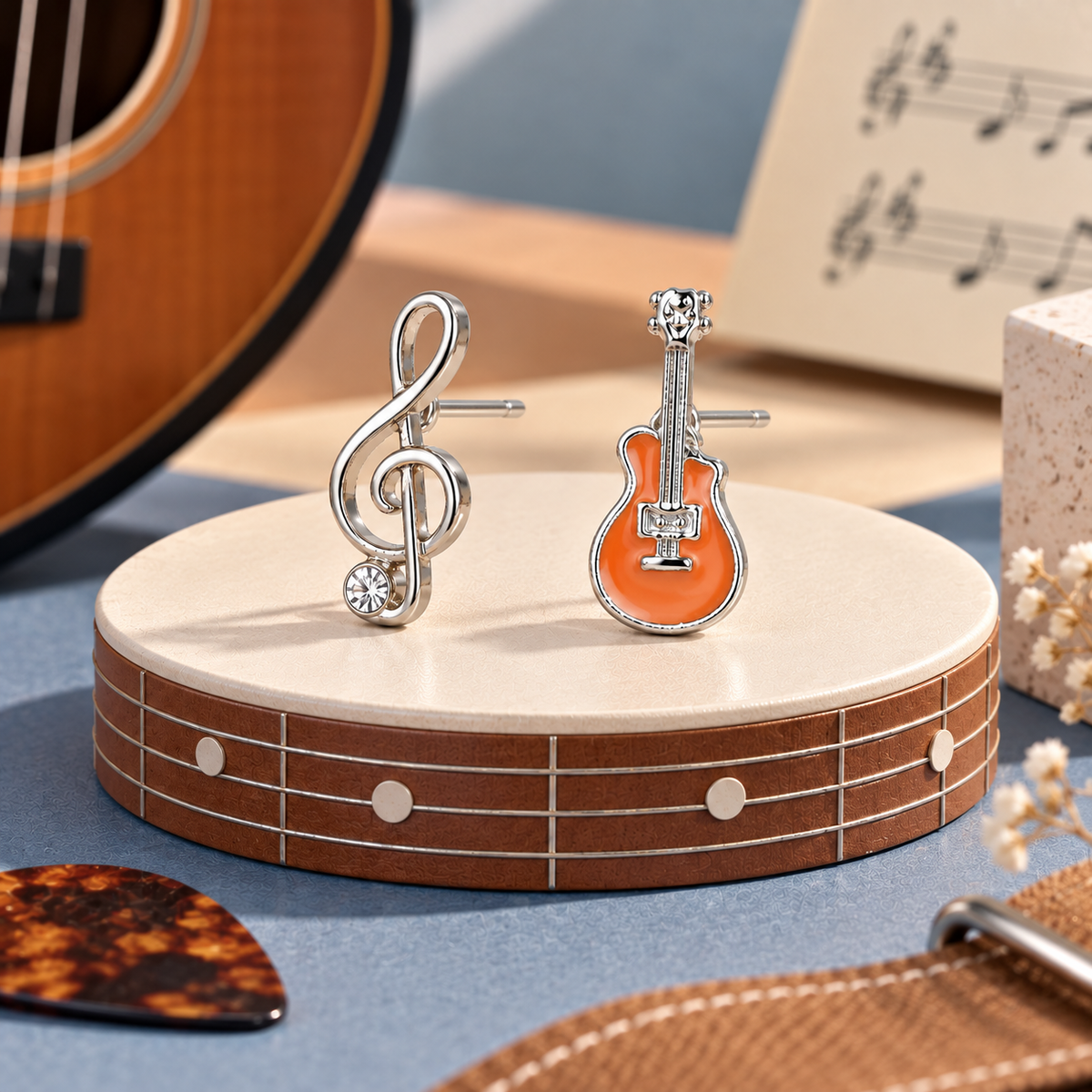 Mini Orange Guitar and Treble Clef Rhinestone Earring Set (Silver)