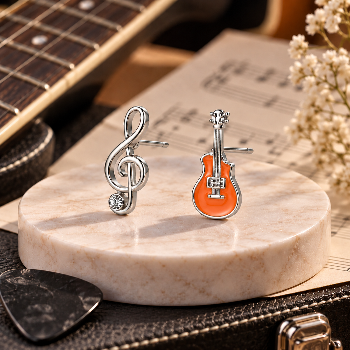 Mini Orange Guitar and Treble Clef Rhinestone Earring Set (Silver)