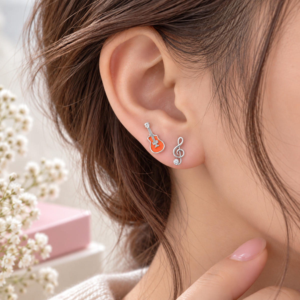 Mini Orange Guitar and Treble Clef Rhinestone Earring Set (Silver)