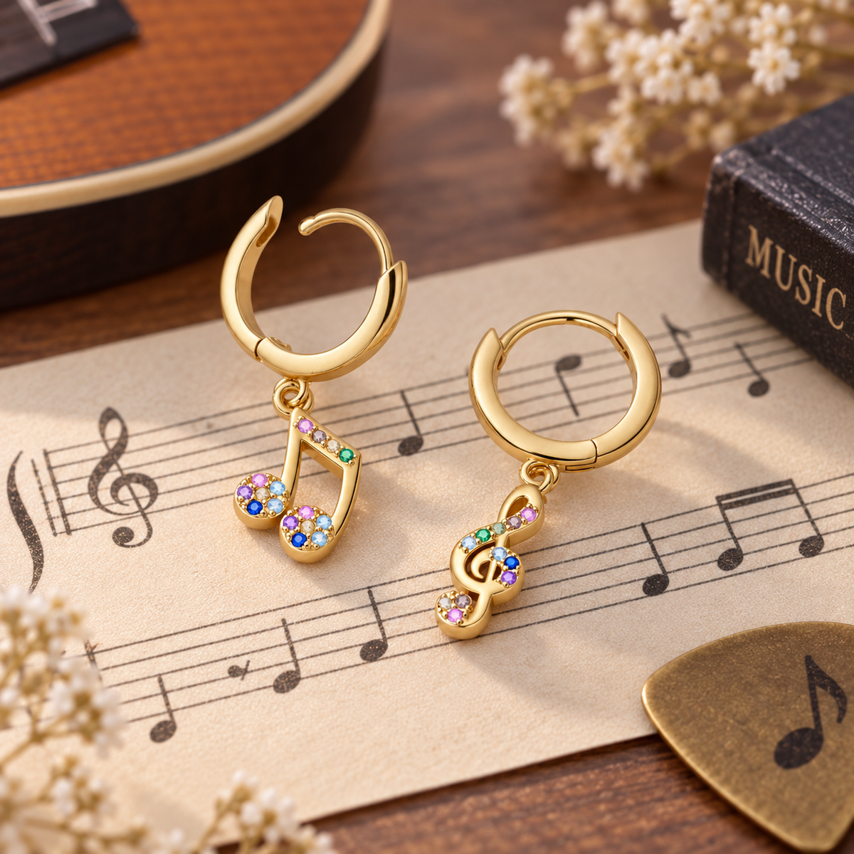 Gold Plated Mini Music Notes Dangle Earrings with Coloured Stones
