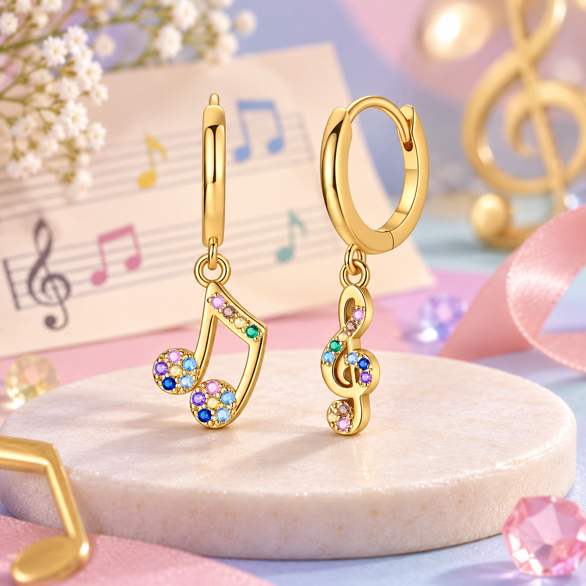 Gold Plated Mini Music Notes Dangle Earrings with Coloured Stones