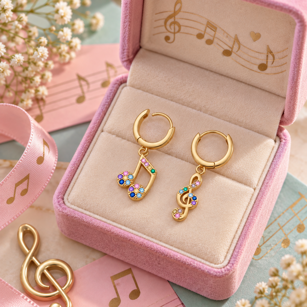 Gold Plated Mini Music Notes Dangle Earrings with Coloured Stones