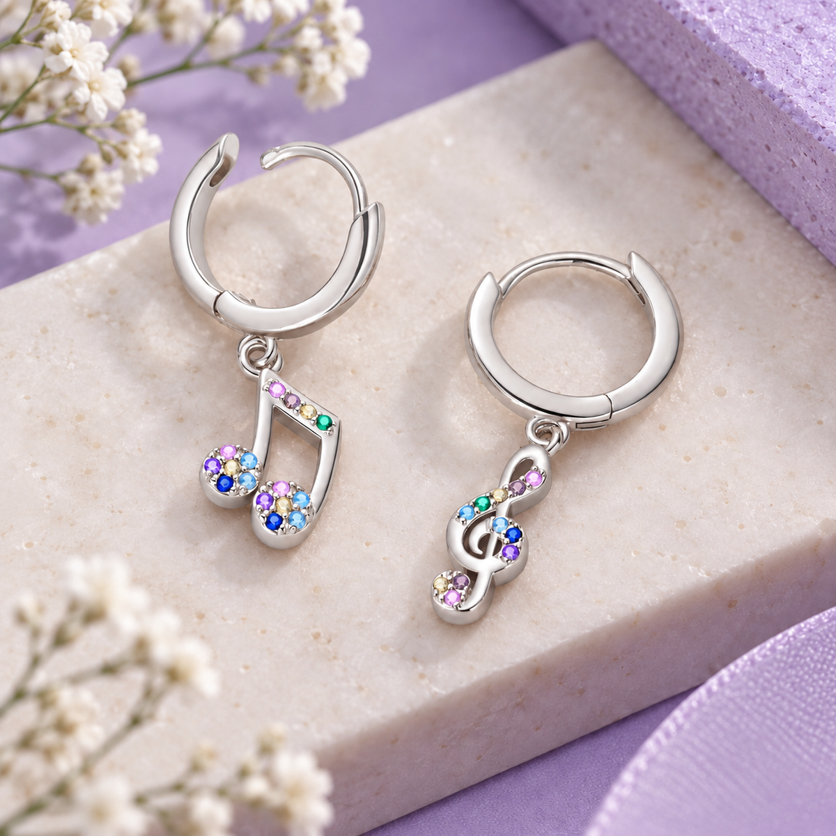 Silver Plated Mini Music Notes Dangle Earrings with Coloured Stones
