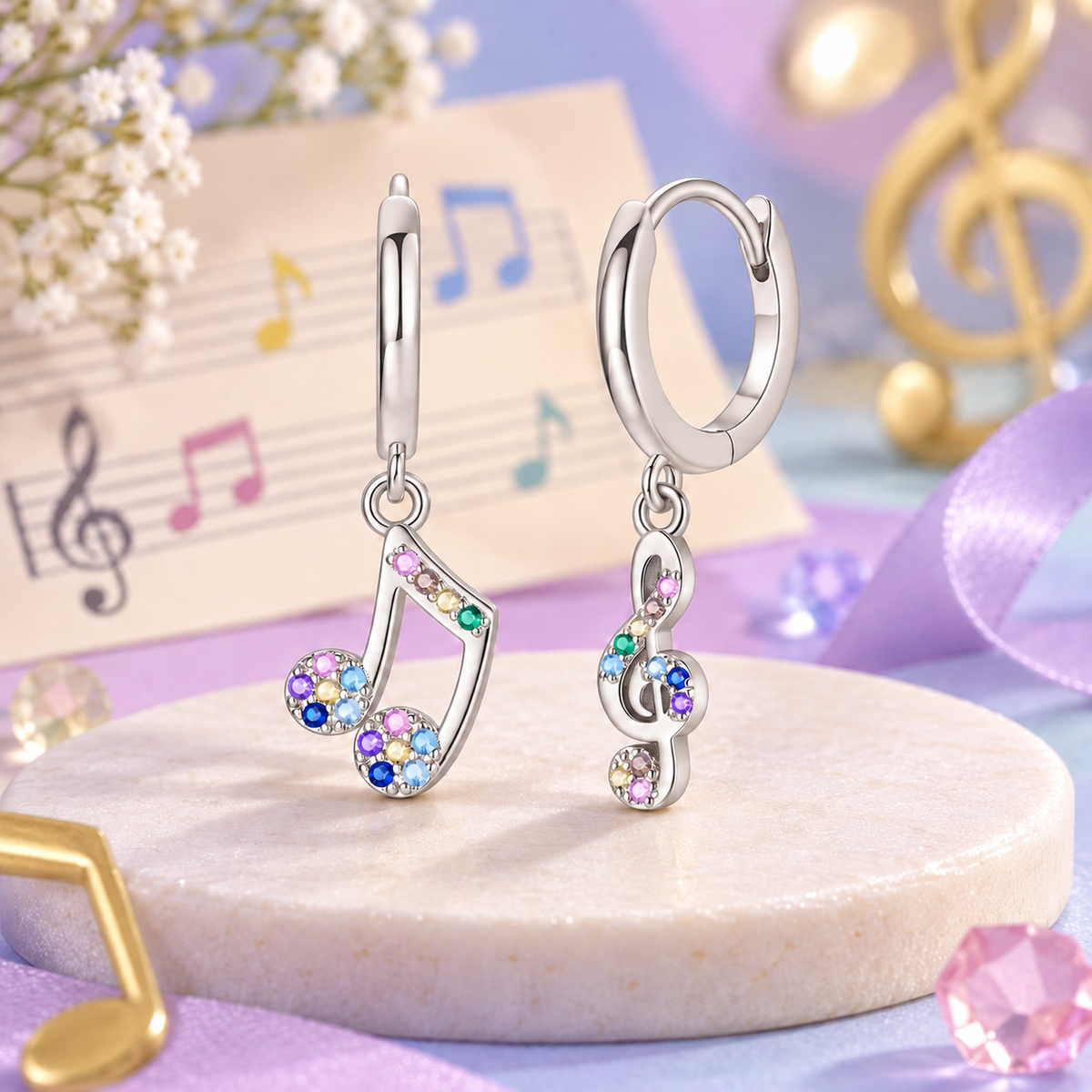 Silver Plated Mini Music Notes Dangle Earrings with Coloured Stones
