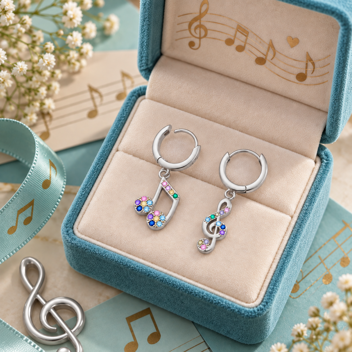 Silver Plated Mini Music Notes Dangle Earrings with Coloured Stones