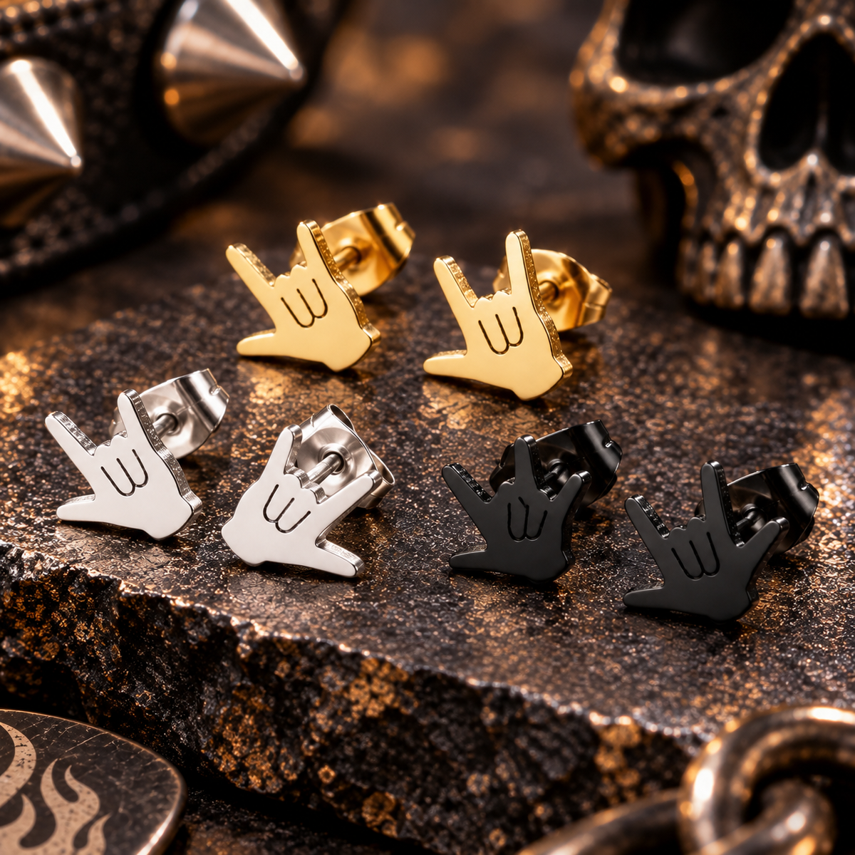 Black Mini Metal Hands Stud Earrings (316L Stainless Steel)
