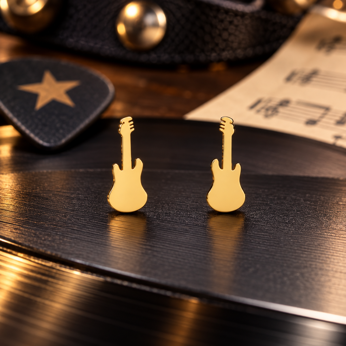 Silver Plated Mini Guitar Stud Earrings (316L Stainless Steel)