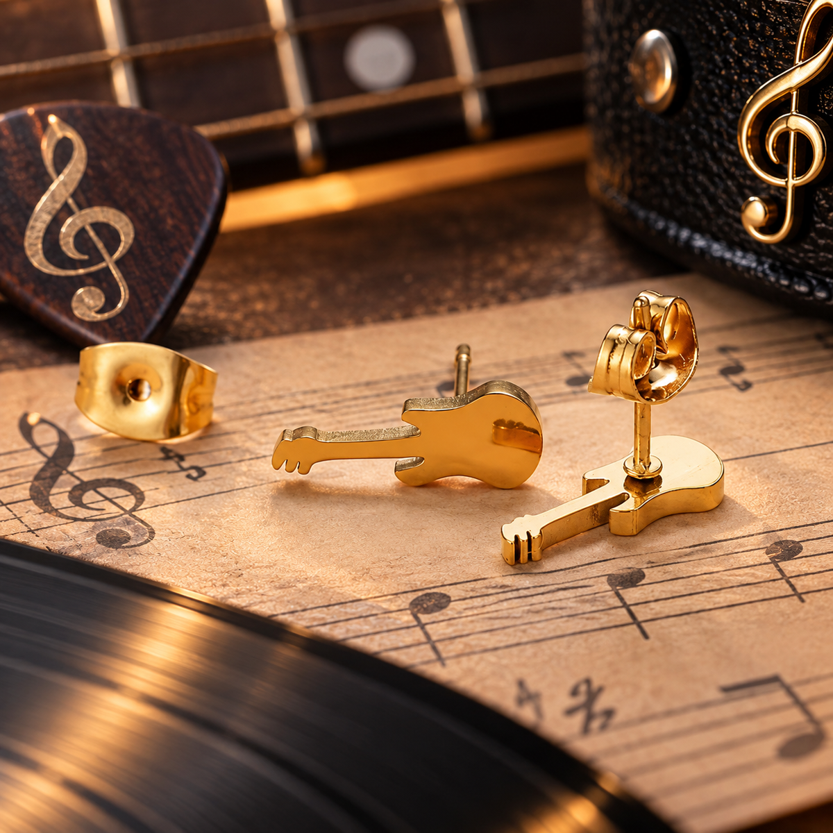 Gold Plated Mini Guitar Stud Earrings (316L Stainless Steel)
