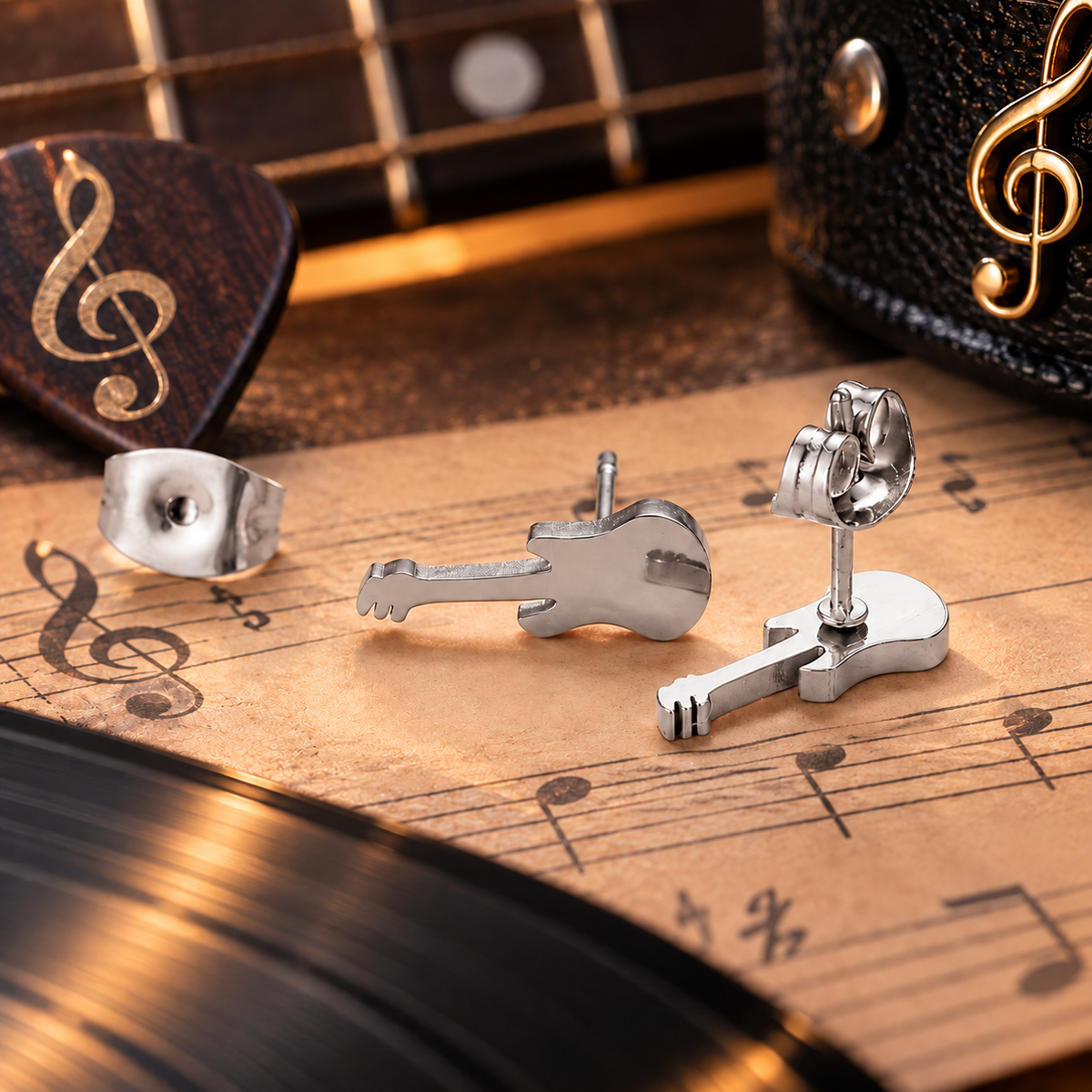 Silver Plated Mini Guitar Stud Earrings (316L Stainless Steel)