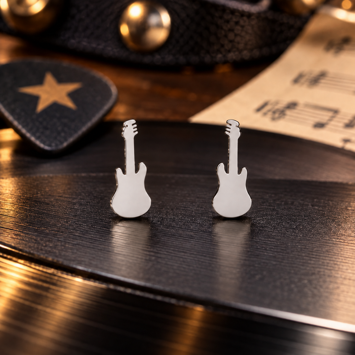 Silver Plated Mini Guitar Stud Earrings (316L Stainless Steel)