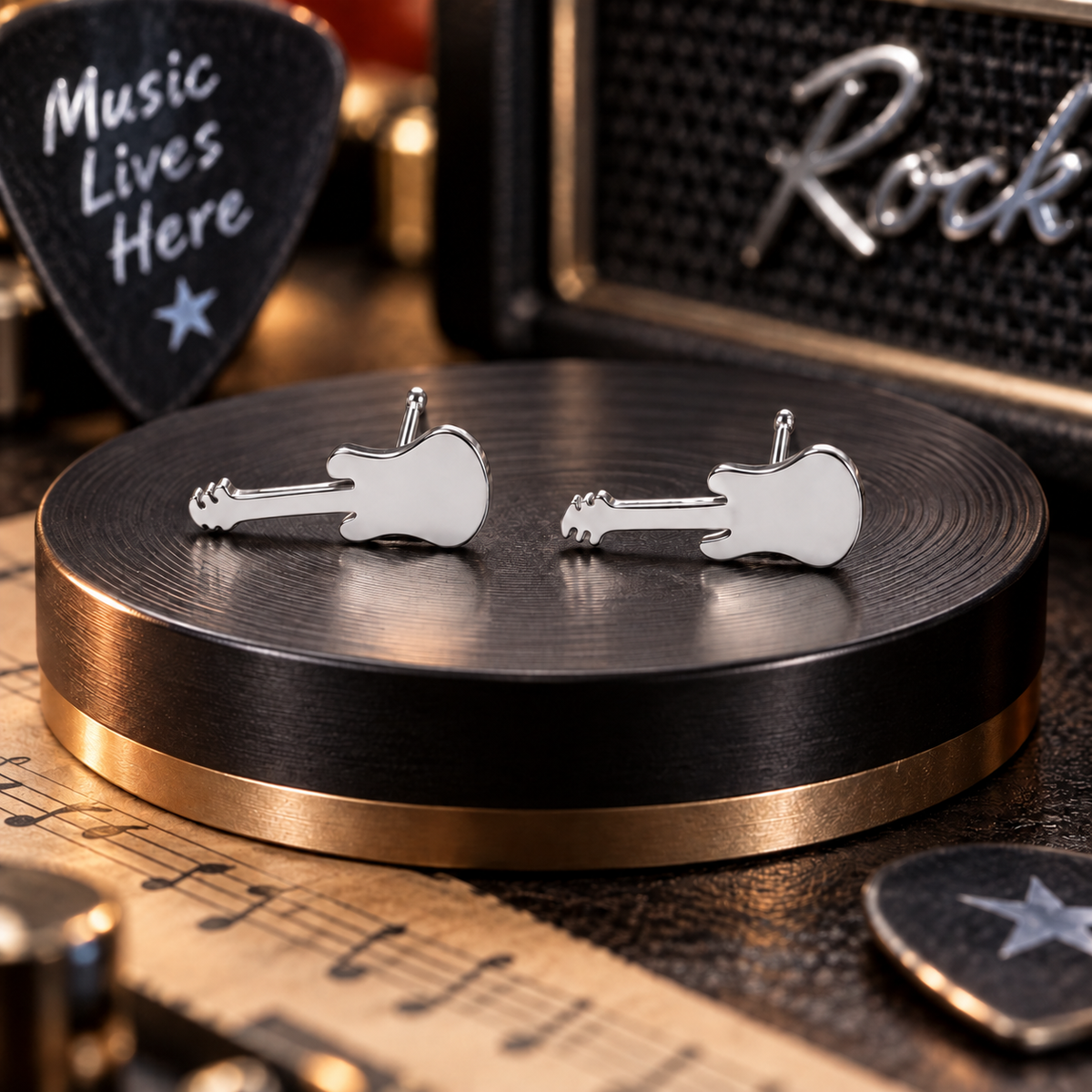 Silver Plated Mini Guitar Stud Earrings (316L Stainless Steel)