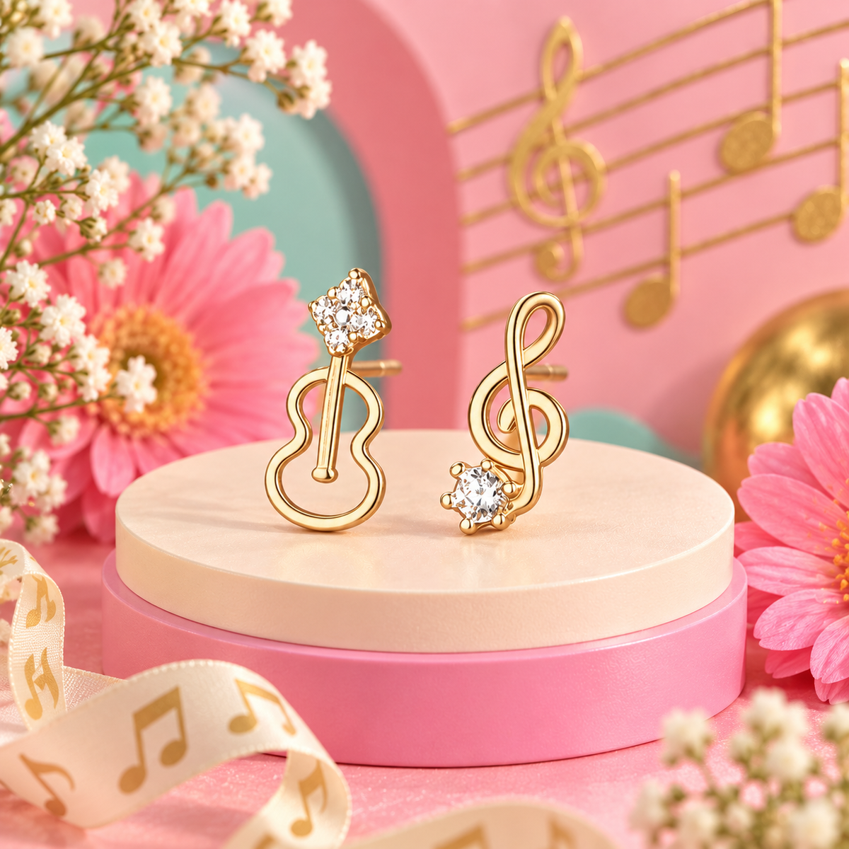 Gold Mini Violin and Rhinestone Treble Clef Earrings (Pair)