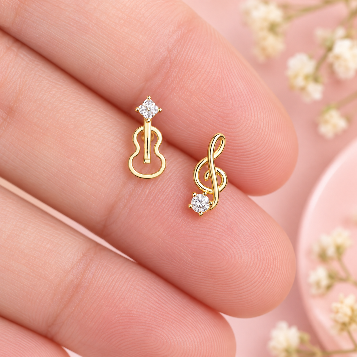 Gold Mini Violin and Rhinestone Treble Clef Earrings (Pair)