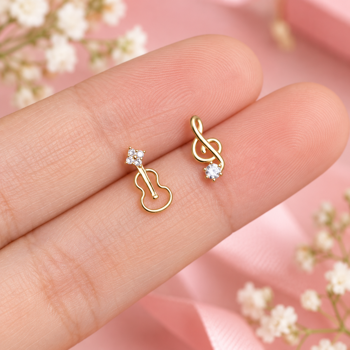 Gold Mini Violin and Rhinestone Treble Clef Earrings (Pair)