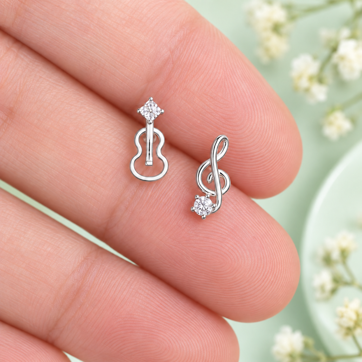 Silver Mini Violin and Rhinestone Treble Clef Earrings (Pair)