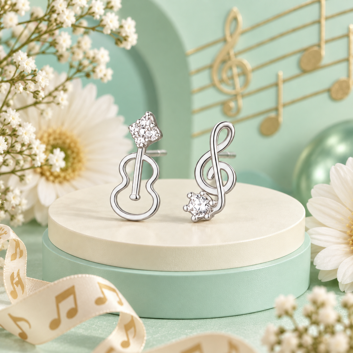 Silver Mini Violin and Rhinestone Treble Clef Earrings (Pair)