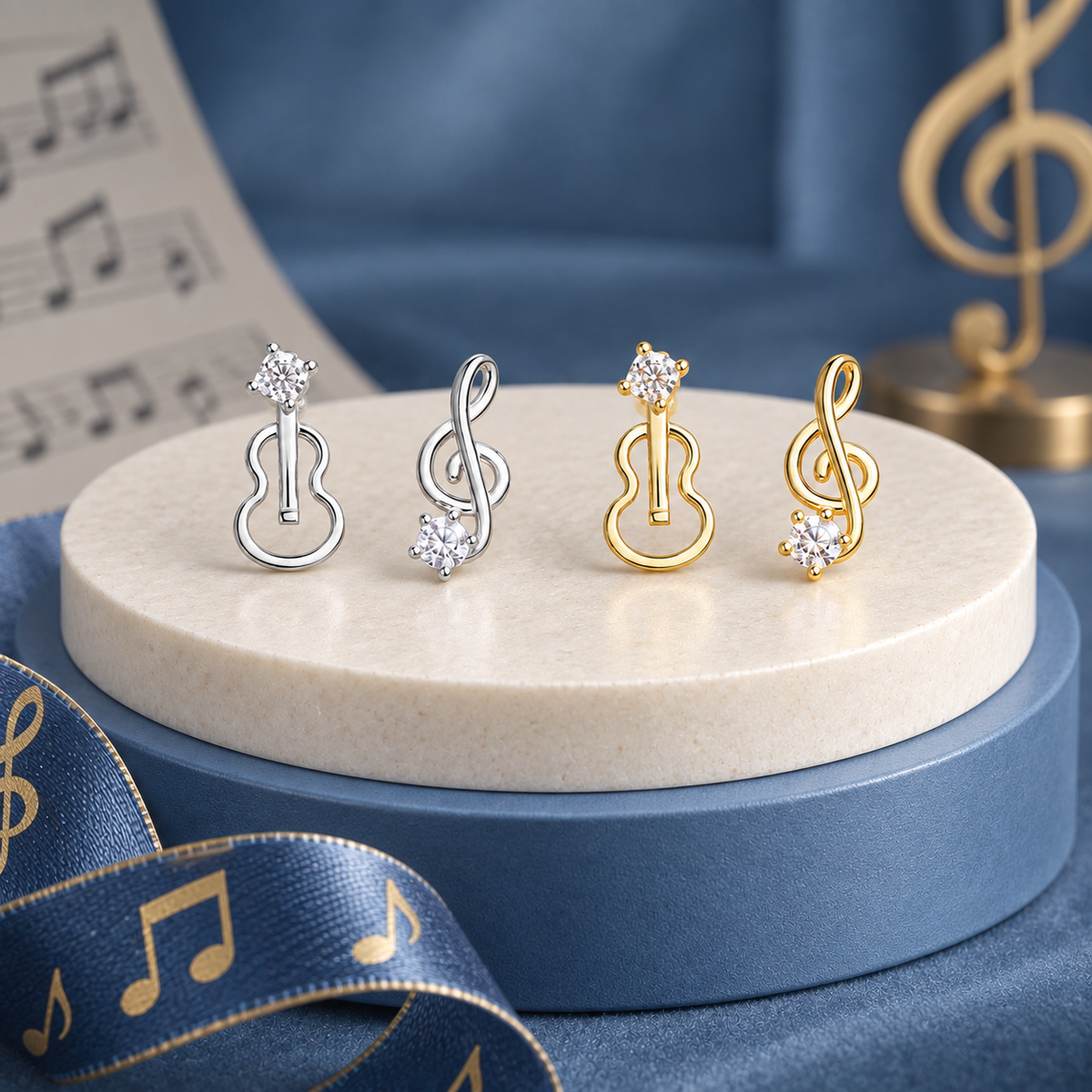 Gold Mini Violin and Rhinestone Treble Clef Earrings (Pair)