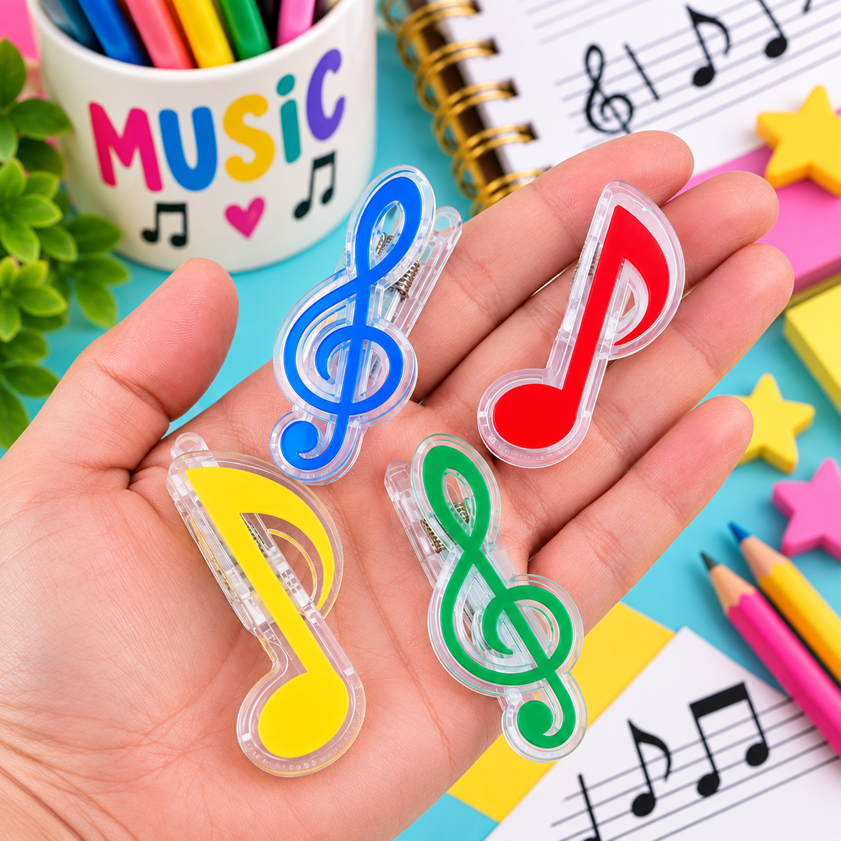 Treble Clef & Music Note Book Clips - 4 Piece Set (Mixed Colours)