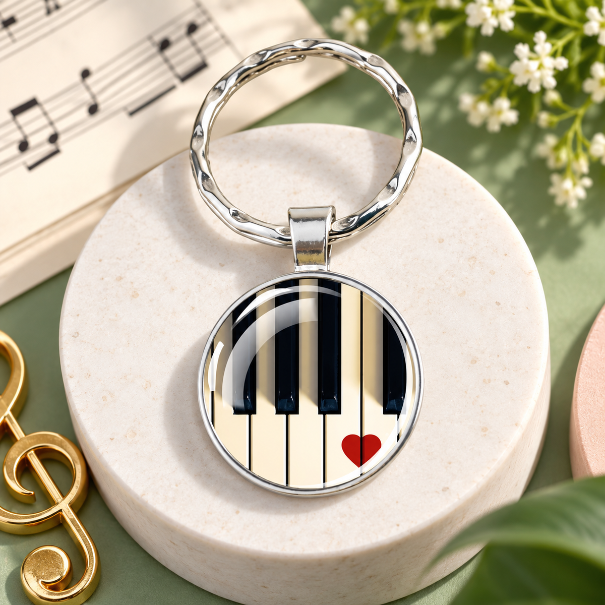 Silver Glass Piano Keys and Heart Keyring