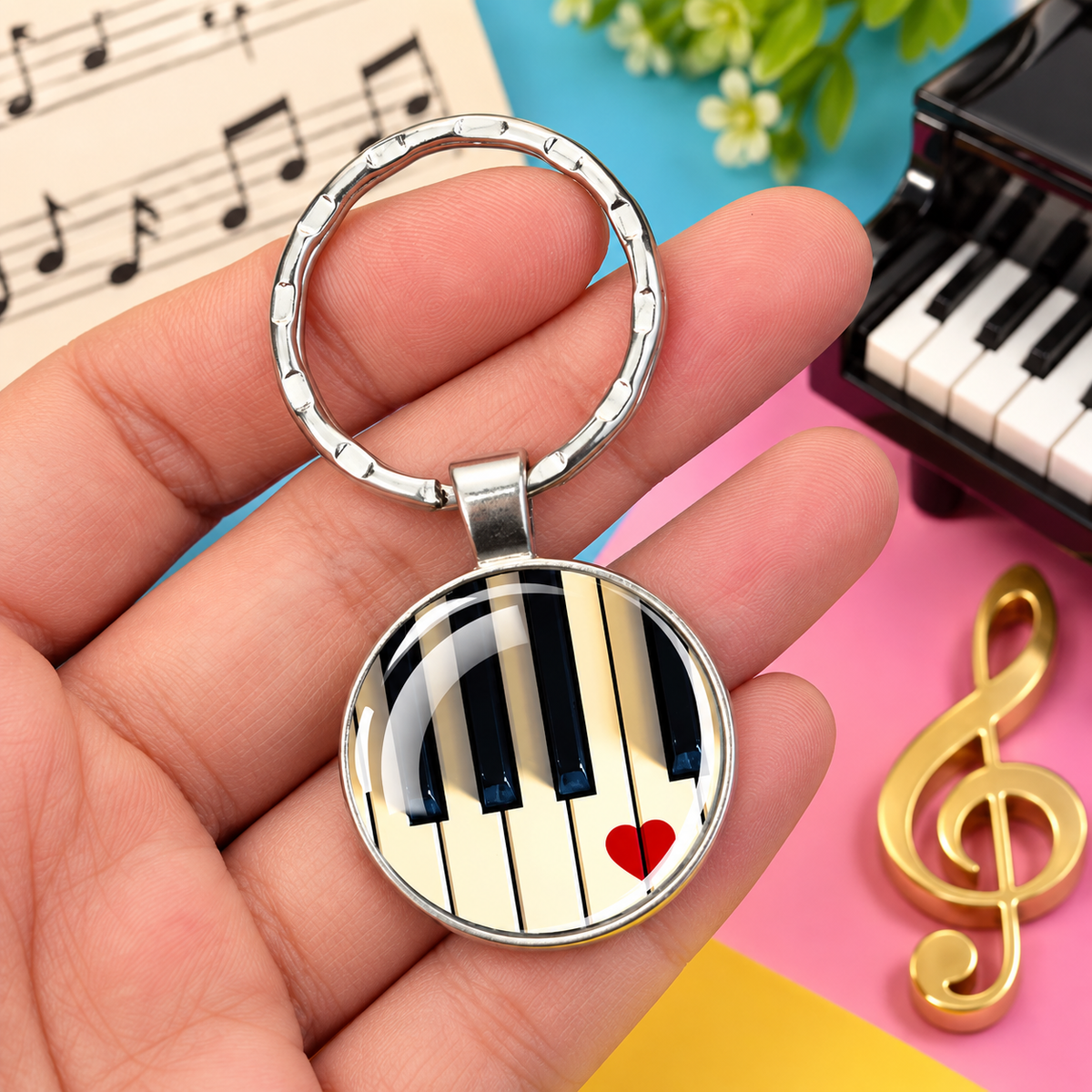 Silver Glass Piano Keys and Heart Keyring