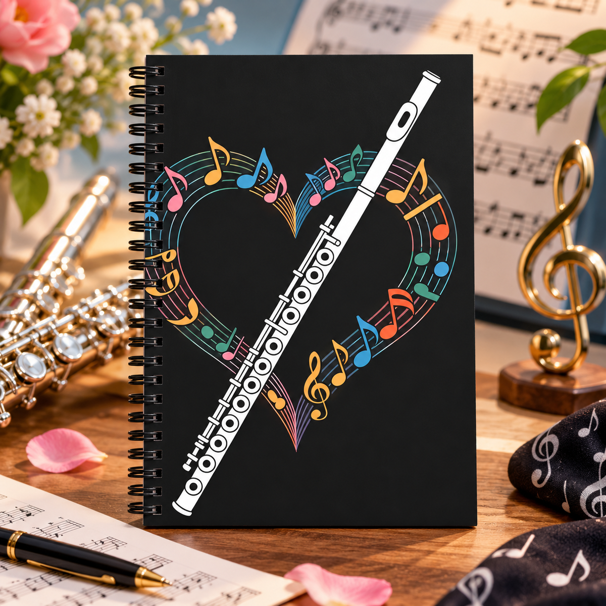 A5 Flute and Heart Spiral Notebook (100 Pages)