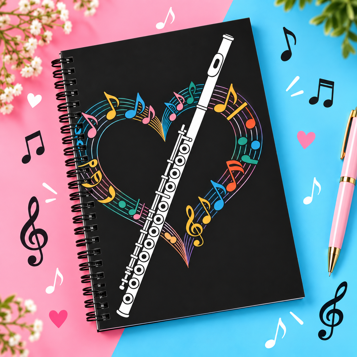 A5 Flute and Heart Spiral Notebook (100 Pages)