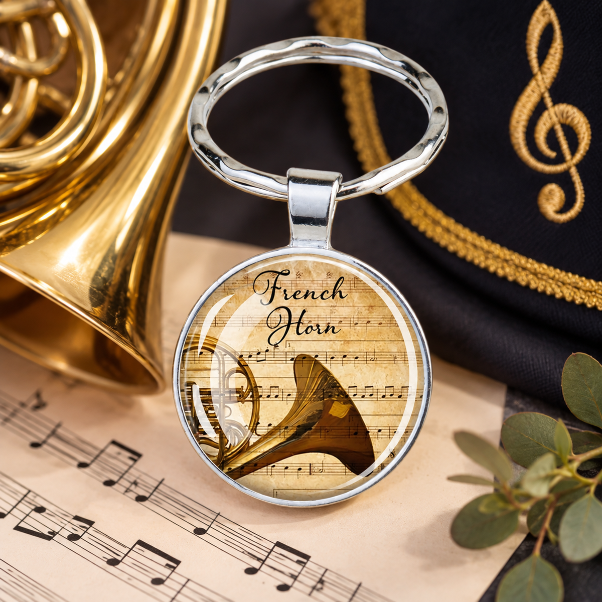 French Horn Glass Keyring (Silver)