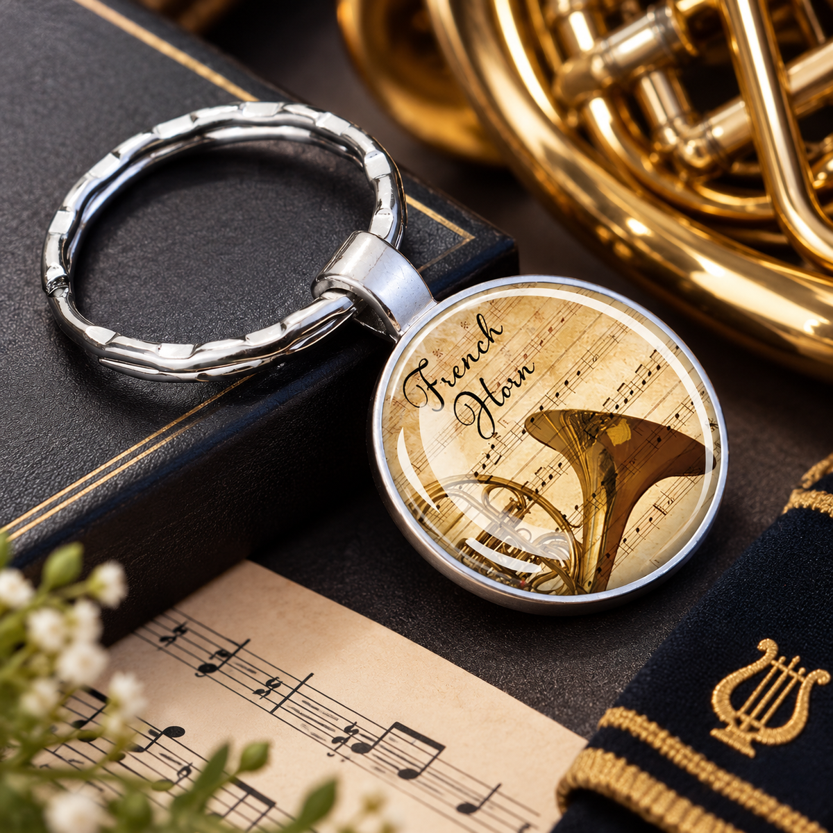 French Horn Glass Keyring (Silver)