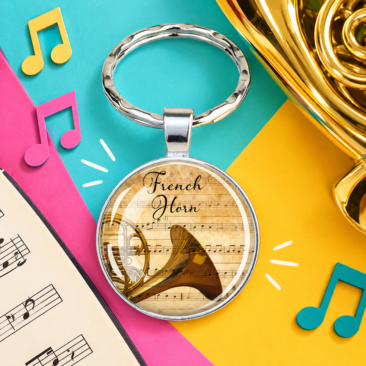 French Horn Glass Keyring (Silver)