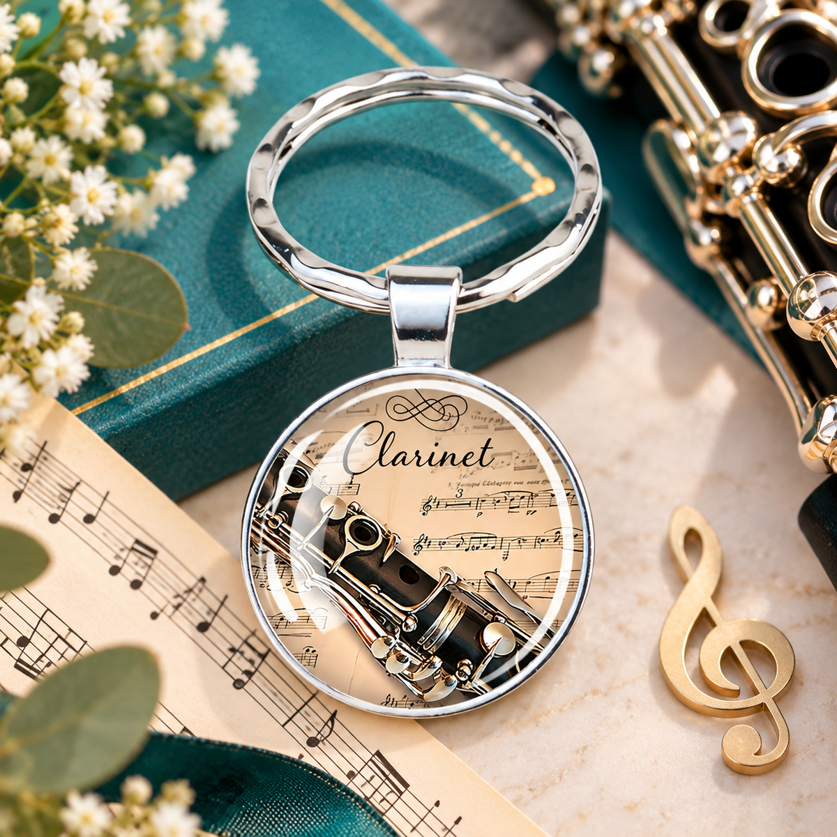 Silver Clarinet Glass Cabochon Keyring