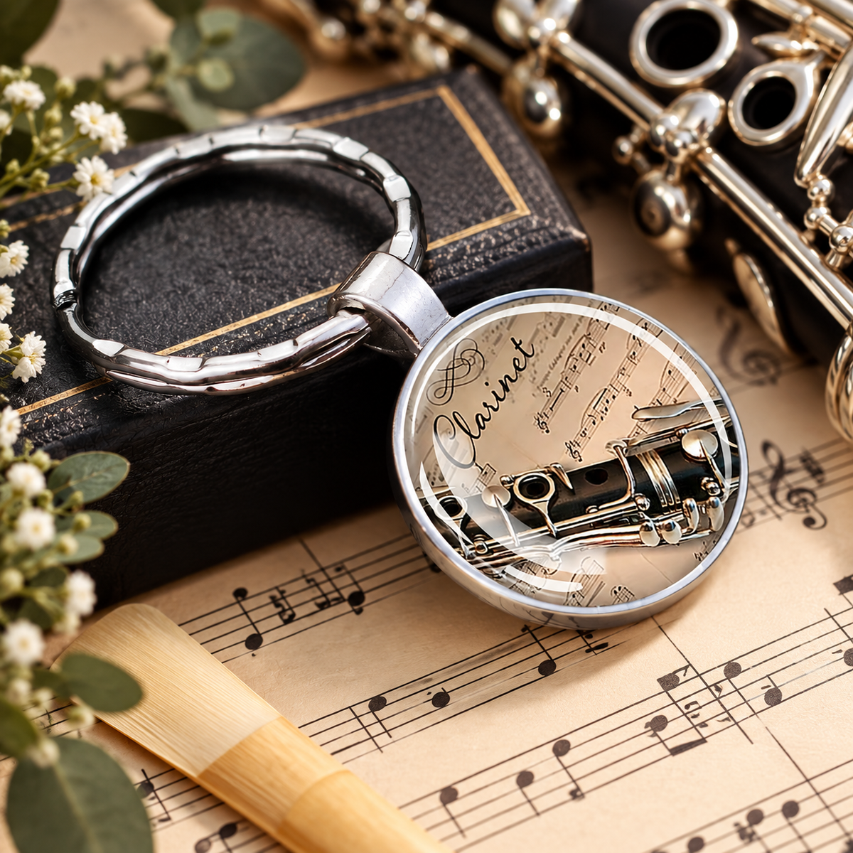 Silver Clarinet Glass Cabochon Keyring