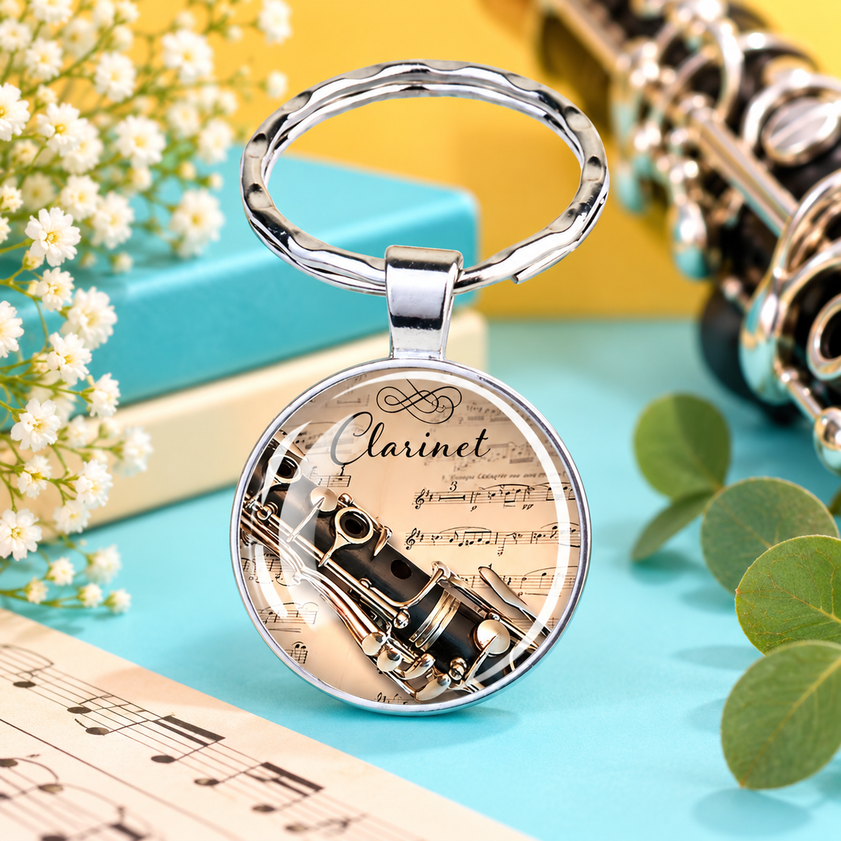 Silver Clarinet Glass Cabochon Keyring