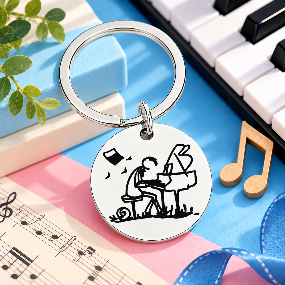 Piano Player Stainless Steel Keyring