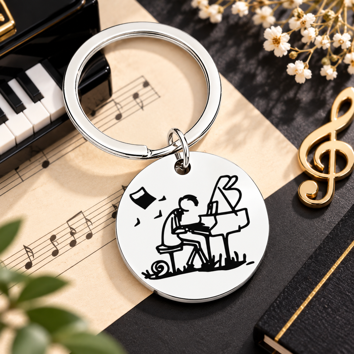 Piano Player Stainless Steel Keyring