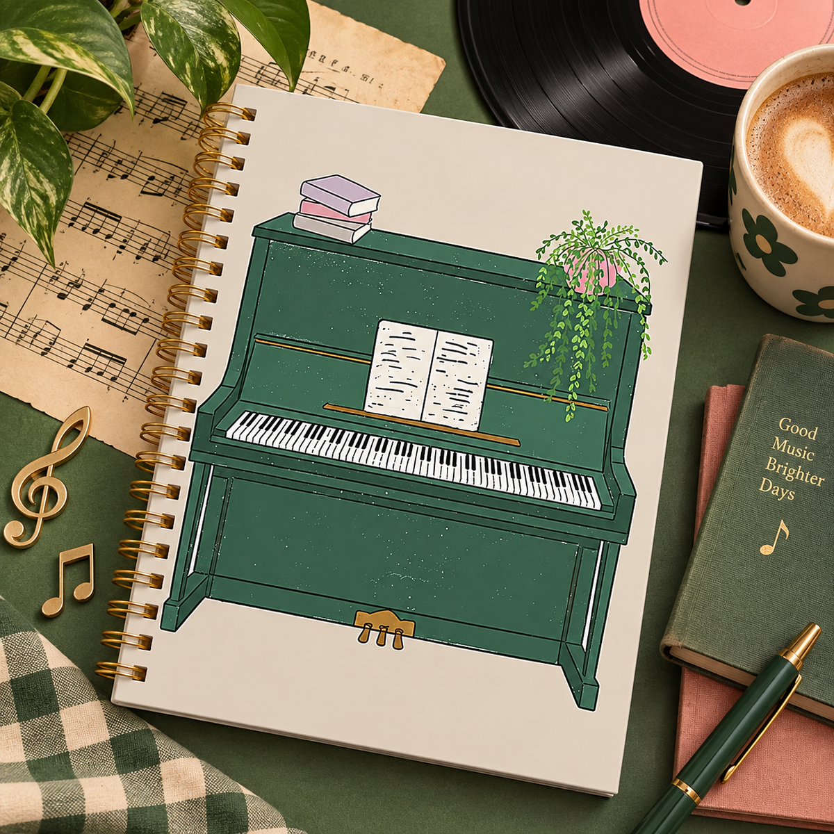 A5 Retro Green Upright Piano Spiral Notebook (100 Pages)